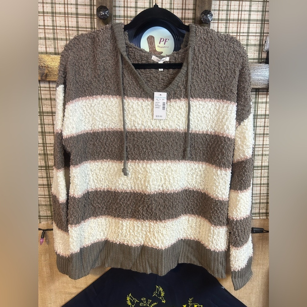 Maurice’s Women’s Pink White Brien Stripe Hooded Pull Over Sweater Large - Picture 2 of 5